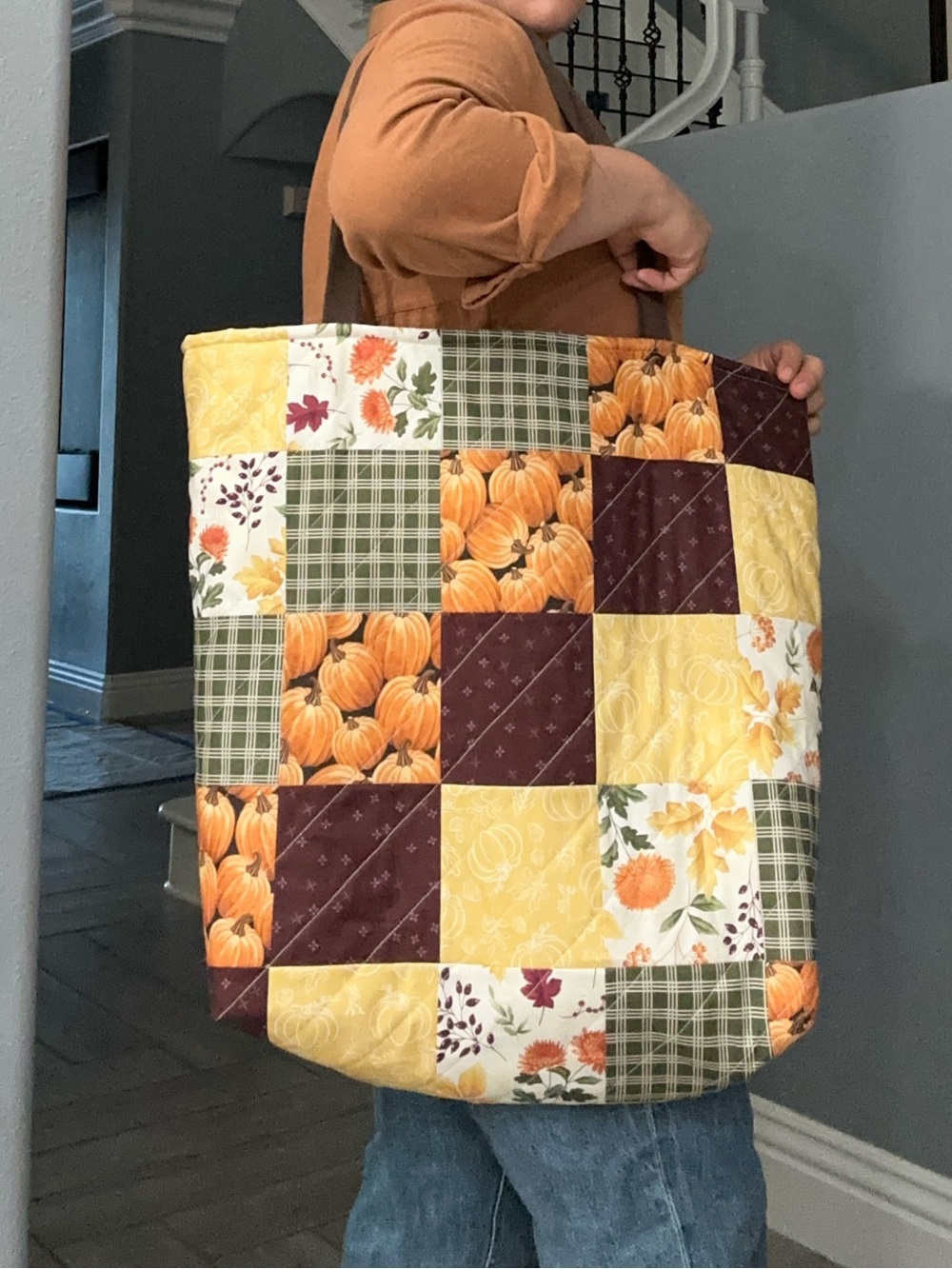 Patchwork Autumn Quilted Tote Bag in Yellow & Brown - Unbranded